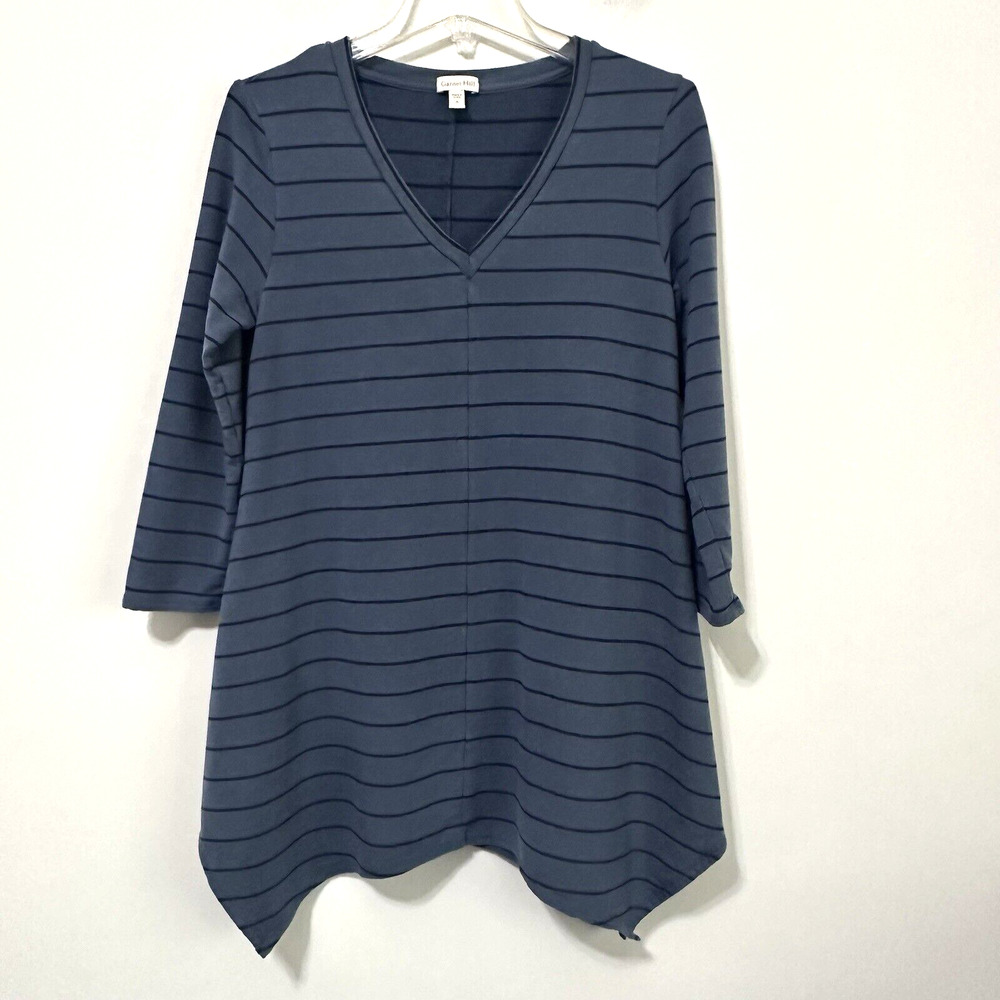 Garnet Hill Knit Tunic S Blue Black Stripe Asymmetrical‎ 3/4 Sleeve V Neck Top